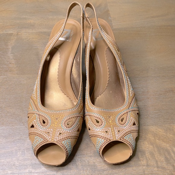 Z Collection Beige Embroidered Peep Toe Slingback Heels - Picture 2 of 8